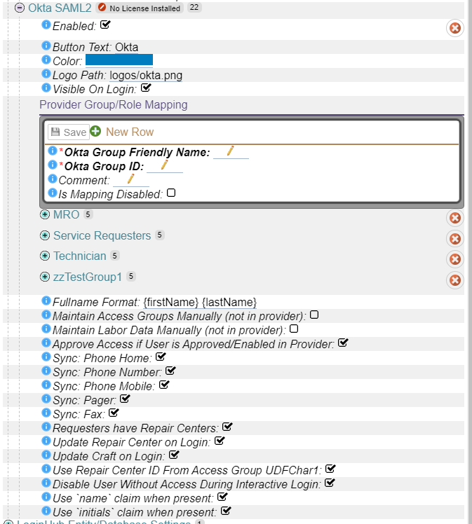 Okta SML2 Setup Screen